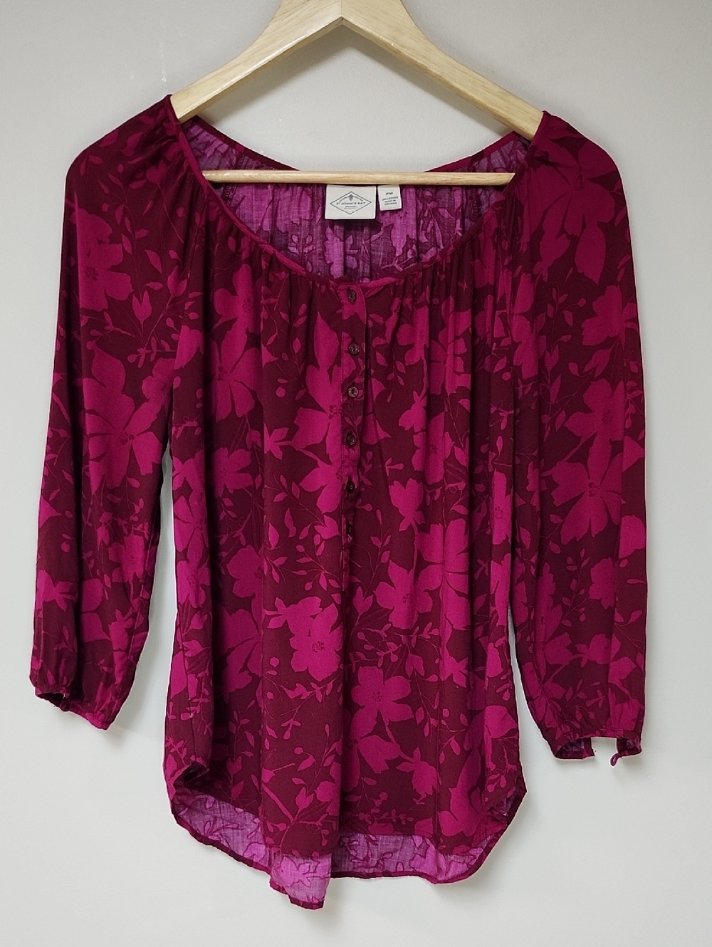 St. John’s Bay Floral Henley Blouse in Magenta and Berry - Picture 2 of 6
